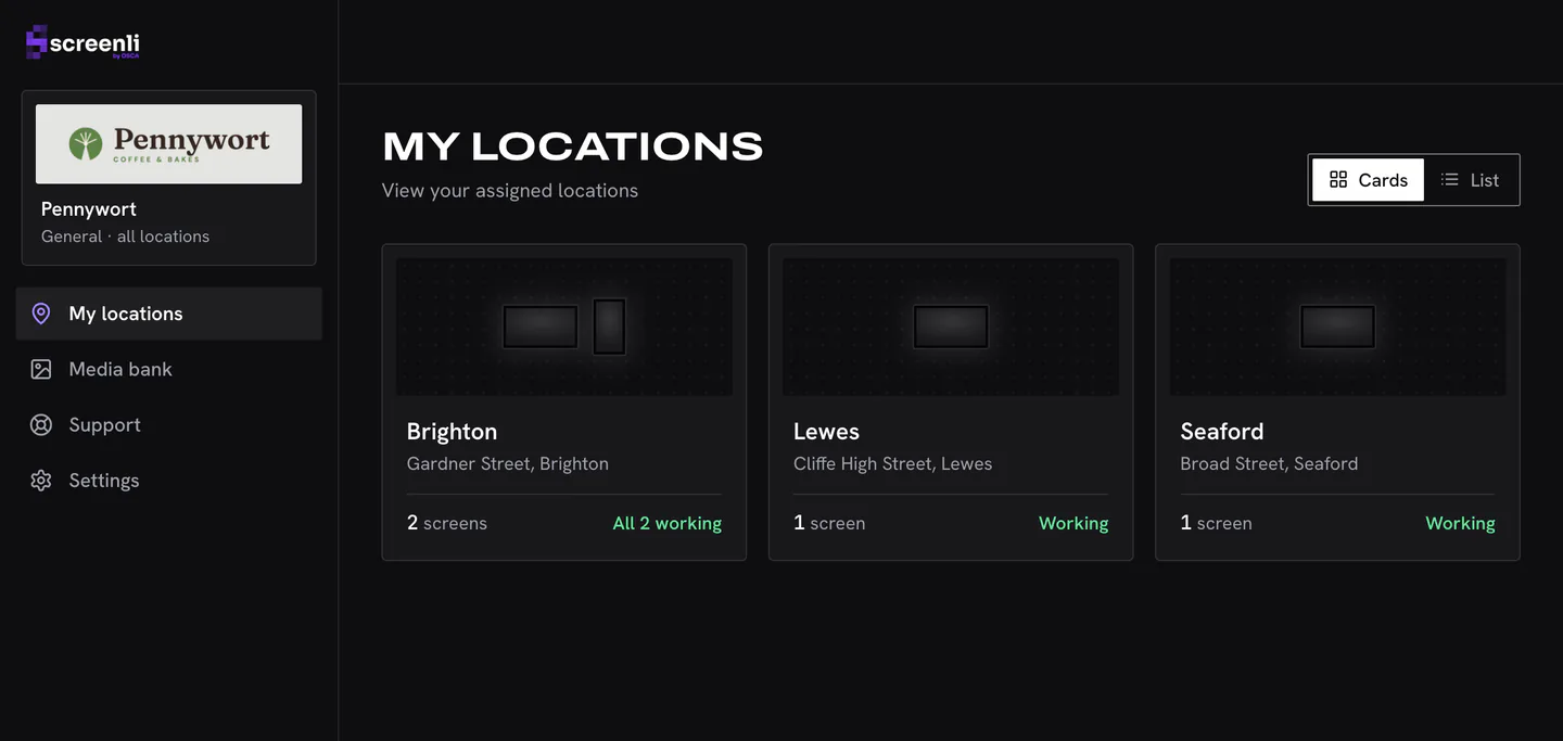 A cafe’s three branches in one Screenli dashboard: Brighton with two screens, Lewes and Seaford with one each, all working