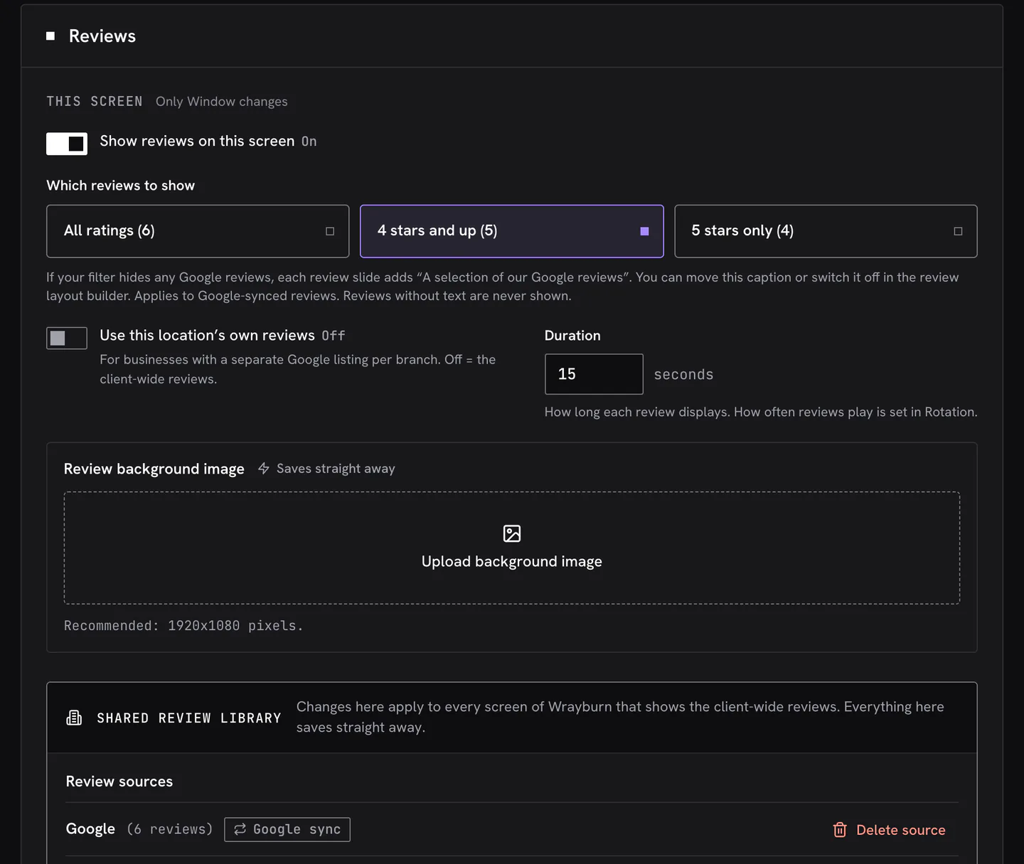 Review settings for one screen: reviews on, the filter set to 4 stars and up, and Google connected as the review source