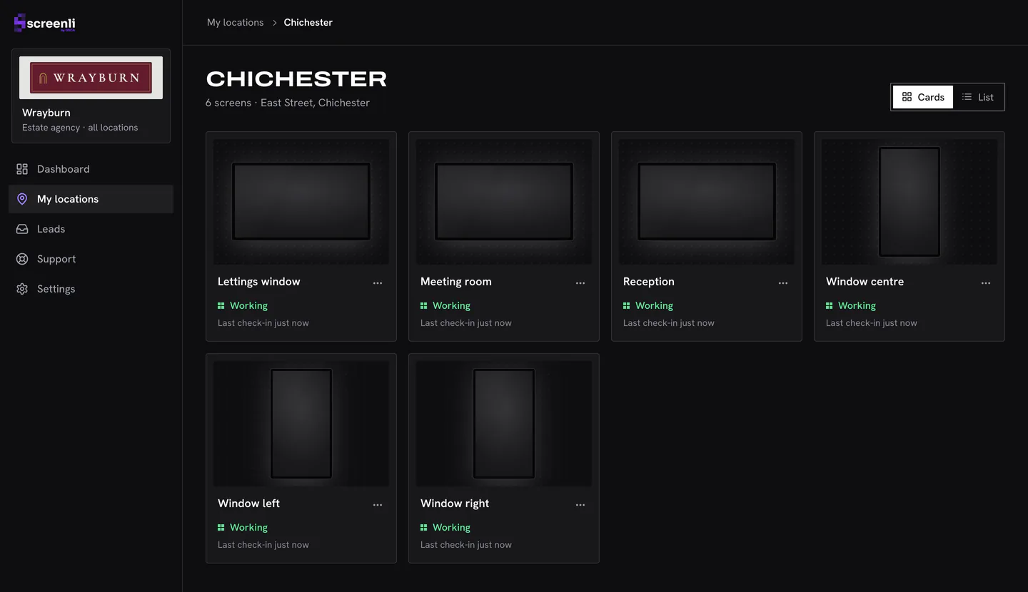 The Screenli dashboard: one branch's six screens, each marked as working, with when it last checked in