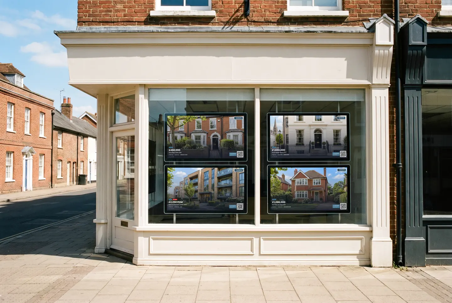 Screenli widescreen displays in the window of an estate agency on a sunny high street
