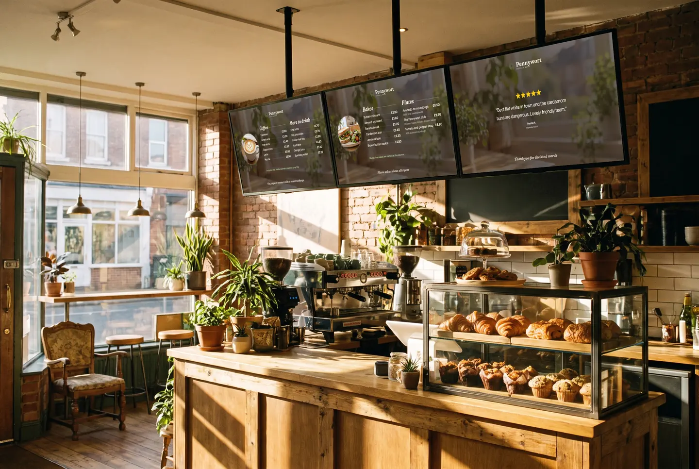 Menu screens above a cafe counter