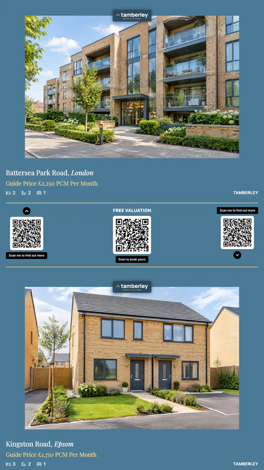 Portrait window screen showing lettings with the rent and a QR code