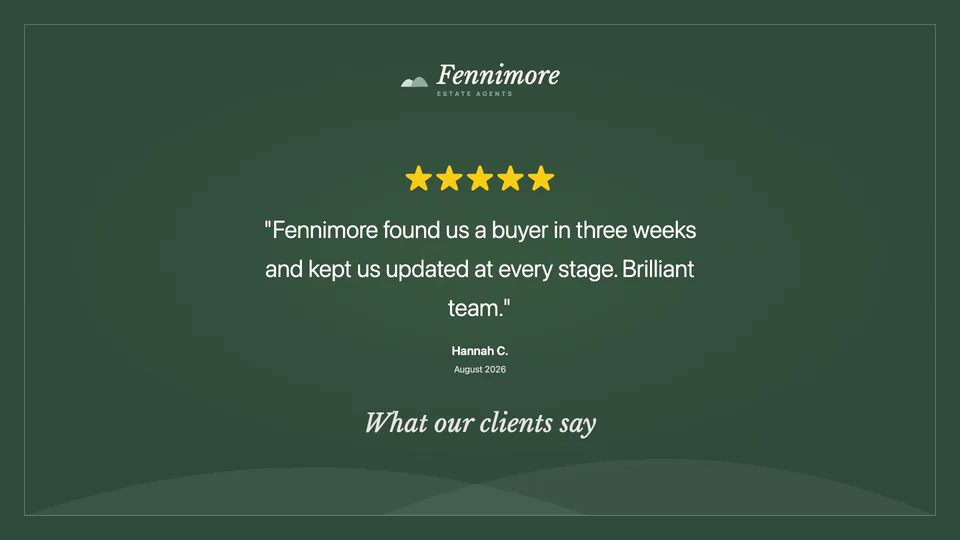 A five-star Google review on a widescreen window display, on the agency's own green background