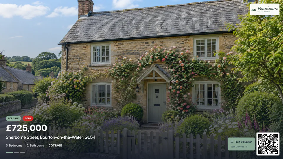 Widescreen window display showing a cottage with a SOLD badge
