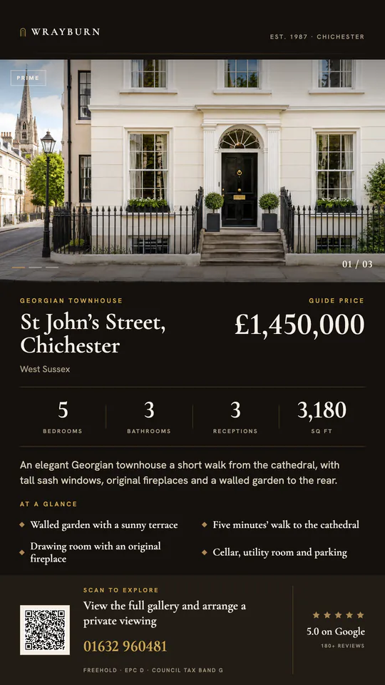 Estate agency window screen showing a Georgian townhouse for sale, with its guide price, rooms and a QR code