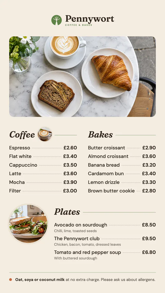 Portrait cafe menu board with coffee, bakes and plates, each with a price