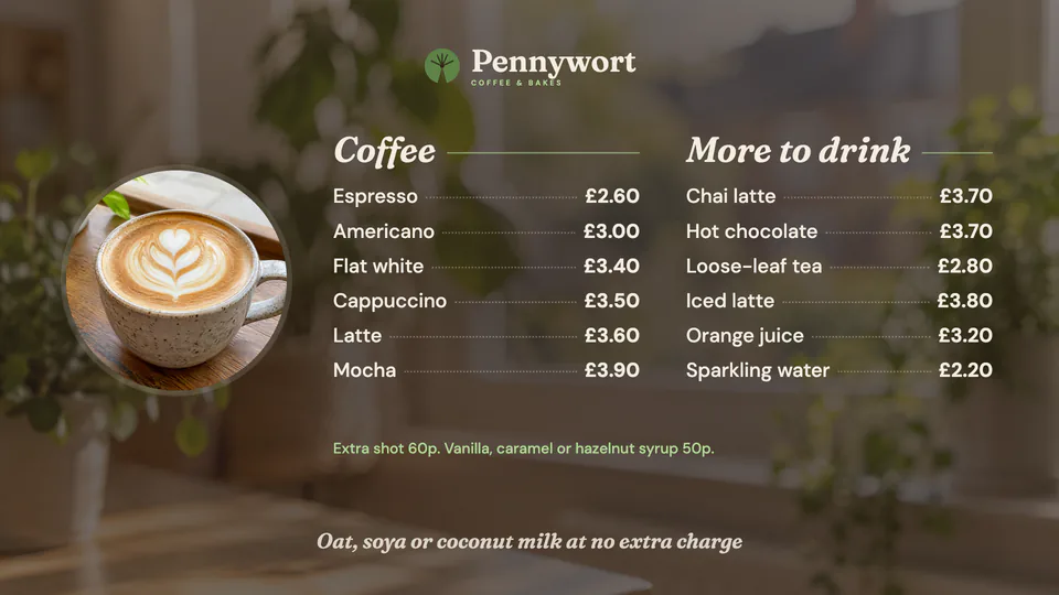 A cafe’s widescreen counter screen moving between its drinks menu and its food menu
