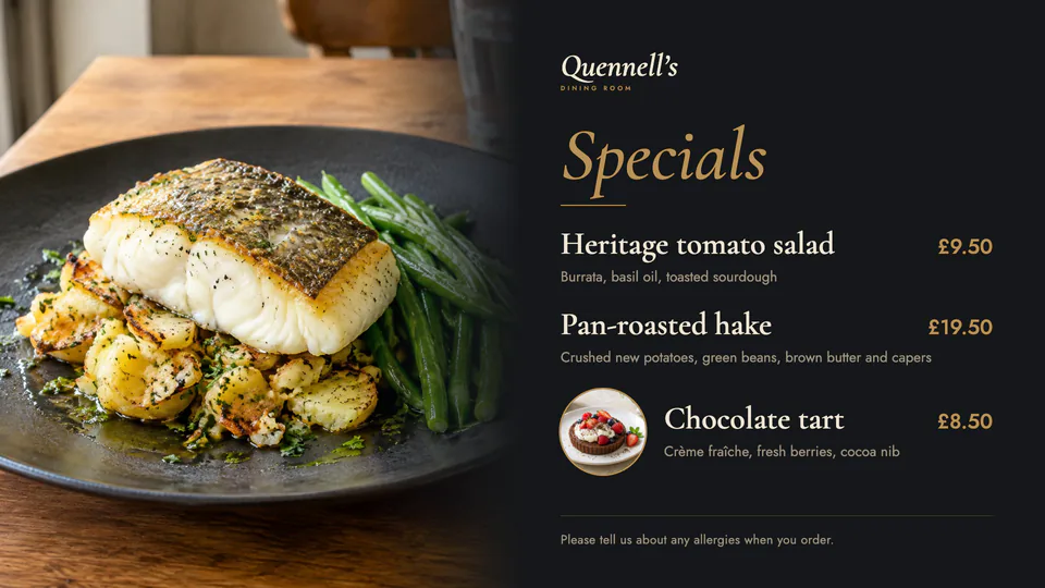 Restaurant specials board with a fish dish and three priced specials