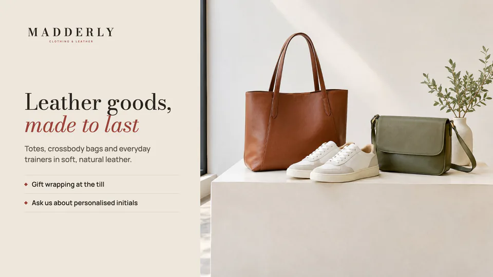 Widescreen in-store screen featuring leather goods