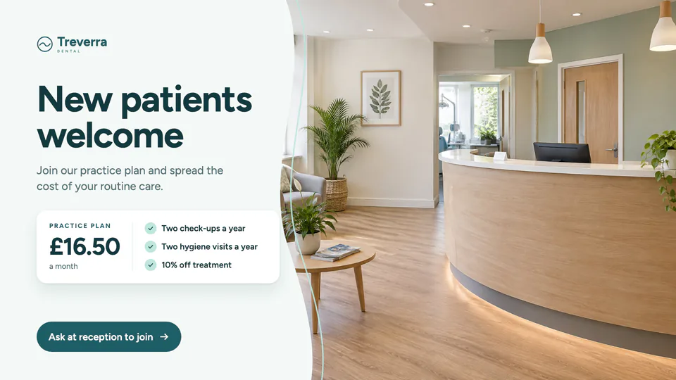 Dental waiting room screen welcoming new patients, with the practice plan and its monthly price
