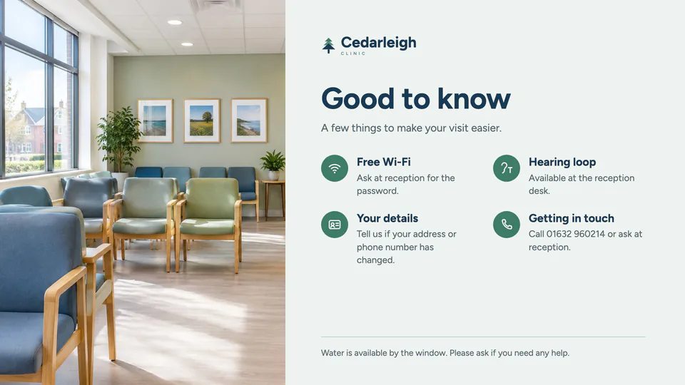 Widescreen clinic reception screen with visitor information